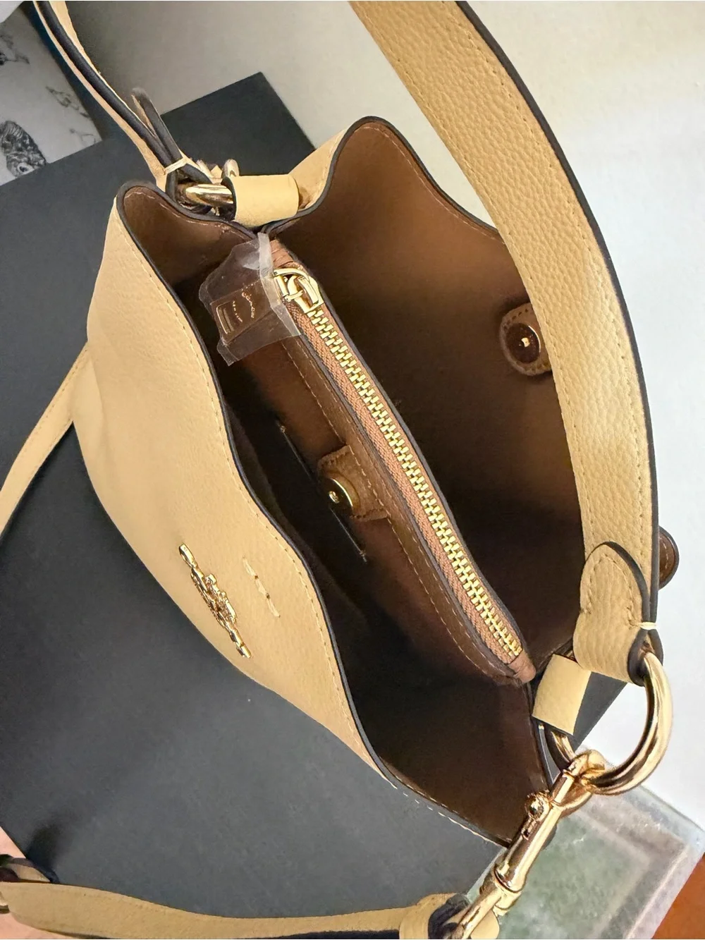 Coach Pebble Leather Crossbody Bucket Bag in Mustard Yellow